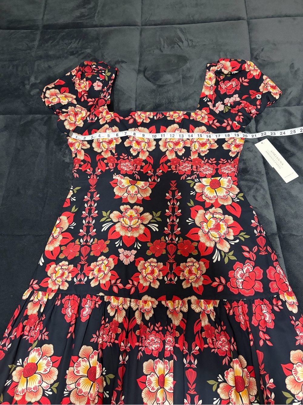 Adrianna Papell Red Floral Print Puff Sleeve Midi Dress - 14 - Picture 9 of 16